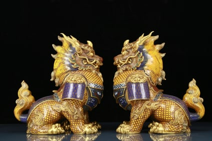 A Pair of Rare Cloisonne Auspicious Beast Censers