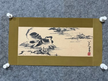 A Chinese Ink Painting of Landscape and Mandarin Duck on Paper