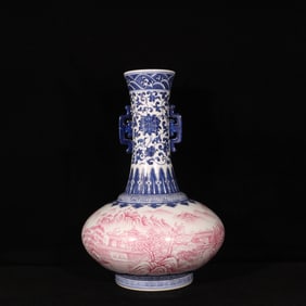 A Rare Blue and White Ruby Red-Glazed Landscape Pattern Double-Ears Vase