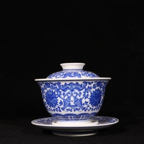 An Exquisite Blue and White Flower and Fish Pattern Bowl with Cover,with Plate