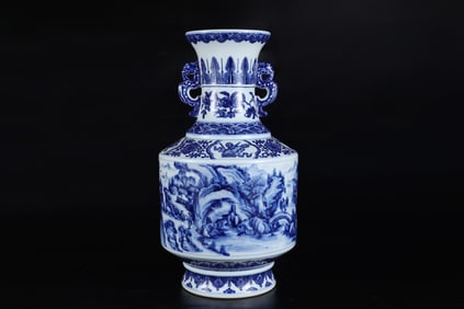 A Huge Blue and White Landscape and Figure Pattern Double-Ears Vase