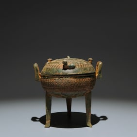 An Archaic Bronze Auspicious Cloud Pattern Double-Ears and Tripod Ding