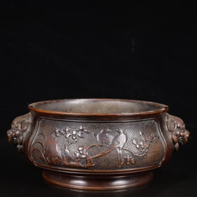 A Rare Bronze Flower and Bird Pattern Lion-Ears Censer
