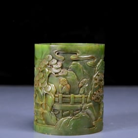 An Exquisite Jasper Landscape and Figure Pattern Brush Pot