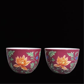 A Pair of Exquisite Enamel Ruby Red Glazed Flower Pattern Cups