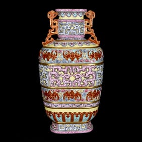 An Exquisite Famille-Rose Painted Gold Bats and Peach Pattern Double-Ears Vase