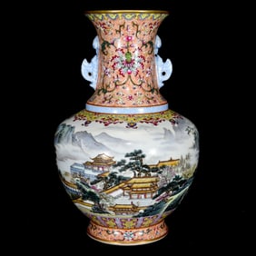 A Rare Enamel Landscape Pattern Double-Ears Vase