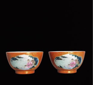 A Pair of Exquisite Coral Red Glazed Painted Gold Figure and Story Pattern Bowls