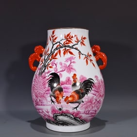 An Exquisite Famille-Rose Ruby Red-Glazed Flower and Rooster Pattern Double-Ears Vase,With Poem