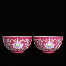 A Pair of Exquisite Enamel Ruby Red Glazed Lotus Pattern Bowls