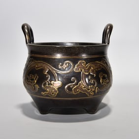 An Exquisite Bronze Glazed Chi-Dragon Pattern Double-Ears Censer