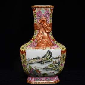 A Rare Famille-Rose Painted Gold Landscape Pattern Vase,With Poem