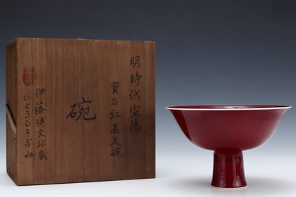An Exquisite Ruby Red Glazed Stem Bowl,with an Imperial Poem