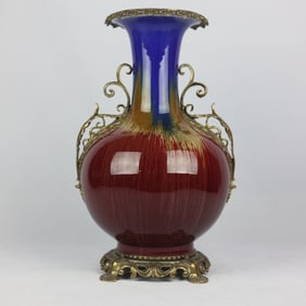 A Huge Flambe Glazed Inlaid Bronze Flower Double-Ears Vase