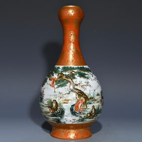 An Exquisite Iron-Red Famille-Rose Painted Gold Pine and Crane Pattern Vase