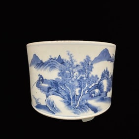 An Exquisite Blue and White Landscape and Figure Pattern Tripod Jar