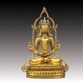 A Solemn Gilt Bronze Inlaid Gems Statue of Amitayus