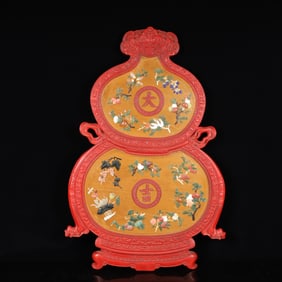 A Huge Carved Red Lacquer Fruit Pattern Gourd-Shaped Hanging Panel,Inlaid Gems