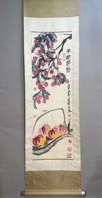 A Chinese Vertical Scroll Ink Painting of Vegetables and Fruit on Paper