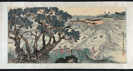 A Chinese Ink Painting of Landscape on Paper