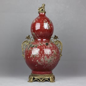 A Huge Peach Bloom Glazed Inlaid Bronze Flower Double-Ears Gourd Vase