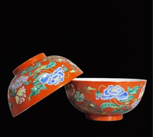 A Pair of Exquisite Coral Red Glazed Flower Pattern Bowls