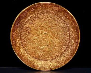 An Exquisite Gilt Bronze Dragon and Phoenix Pattern Plate