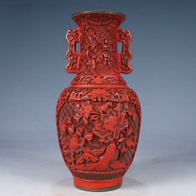 An Exquisite Carved Red Lacquer Flower Pattern Double-Ears Vase