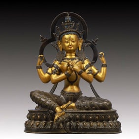 A Solemn Gilt Bronze Four-arms Statue of Avalokitesvara