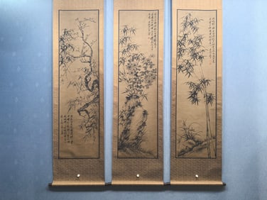 A Set of Chinese Vertical Scroll Ink Painting of Flower on Paper