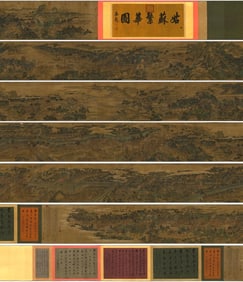 A Chinese Hand Scroll Ink Painting of Landscape and Figure on Silk