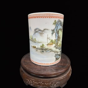 An Exquisite Famille-Rose Landscape and Figure Pattern Brush Pot