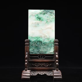 An Exquisite Zitanwood Inlaid Jadeite Crane and Deer Pattern Table Screen,With Poem