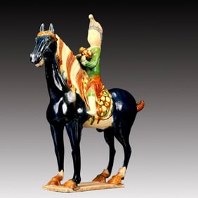 A Rare Tang Tri-Color Glazed Pottery Figure Riding Horse Ornament