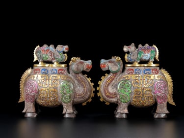 A Pair of Exquisite Archaic Jade Painted Color Camel Zuns