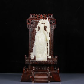 An Exquisite White Jade Guan Yu Statue with Zitanwood Inlaid Gems Dragon Pattern Base