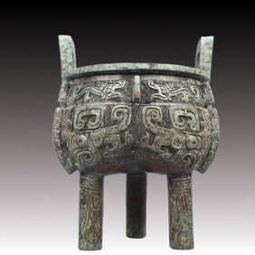 A Precious Bronze Beast-Face Pattern Double-Ears and Tripod Censer,With Inscription