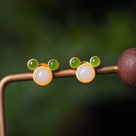 An Exquisite  Sterling Silver-Gold Plated Inlaid White Jade Earrings, Inlaid Jasper