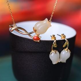 A Set of Fine Sterling Silver-Gold Plated Inlaid White Jade Jewelrys
