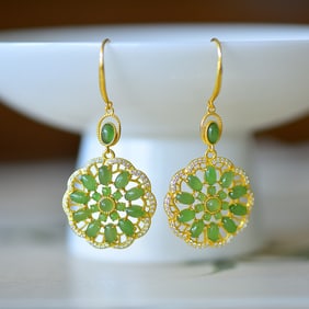 A Pair of Exquisite Sterling Silver-Gold Plated Inlaid Jasper Earrings,Inlaid Diamond