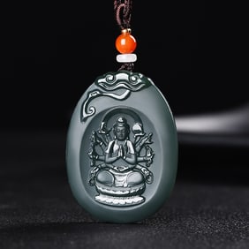 An Exquisite Cyan jade Statue of Thousand-Hand Avalokitesvara Pendant