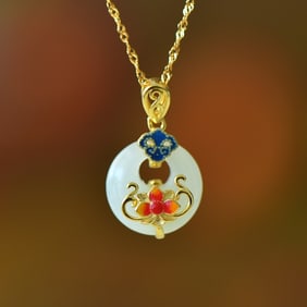 An Exquisite Sterling Silver-Gold Plated Inlaid White Jade Pendant