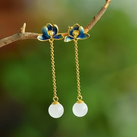 A Pair of Exquisite Sterling Silver-Gold Plated Inlaid White Jade Enamel Earrings