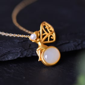 An Exquisite Sterling Silver-Gold Plated Inlaid White Jade Pendant