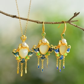 A Set of Fine Sterling Silver-Gold Plated Inlaid White Jade Enamel Jewelrys, Inlaid Pearl