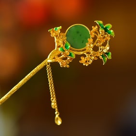 An Exquisite Sterling Silver-Gold Plated Inlaid Jasper Enamel Hairpin