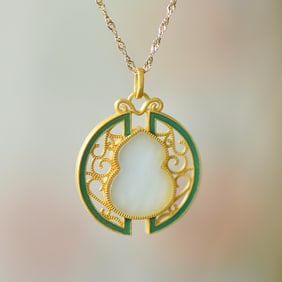 An Exquisite Sterling Silver-Gold Plated Inlaid White Jade Pendant