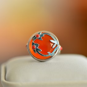 An Exquisite Sterling Silver Inlaid Agate Ring