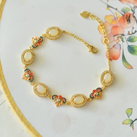 An Exquisite Sterling Silver-Gold Plated Inlaid White Jade Enamel Bracelet