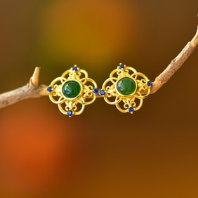 A Pair of Exquisite Sterling Silver-Gold Plated Inlaid Jasper Earrings